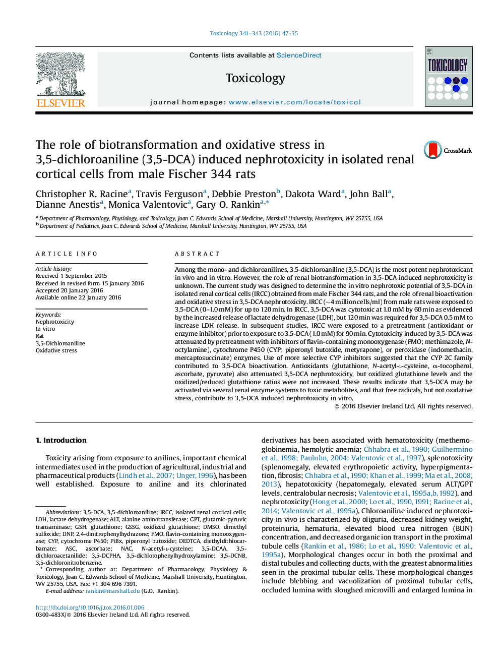 The role of biotransformation and oxidative stress in 3,5-dichloroaniline (3,5-DCA) induced nephrotoxicity in isolated renal cortical cells from male Fischer 344 rats