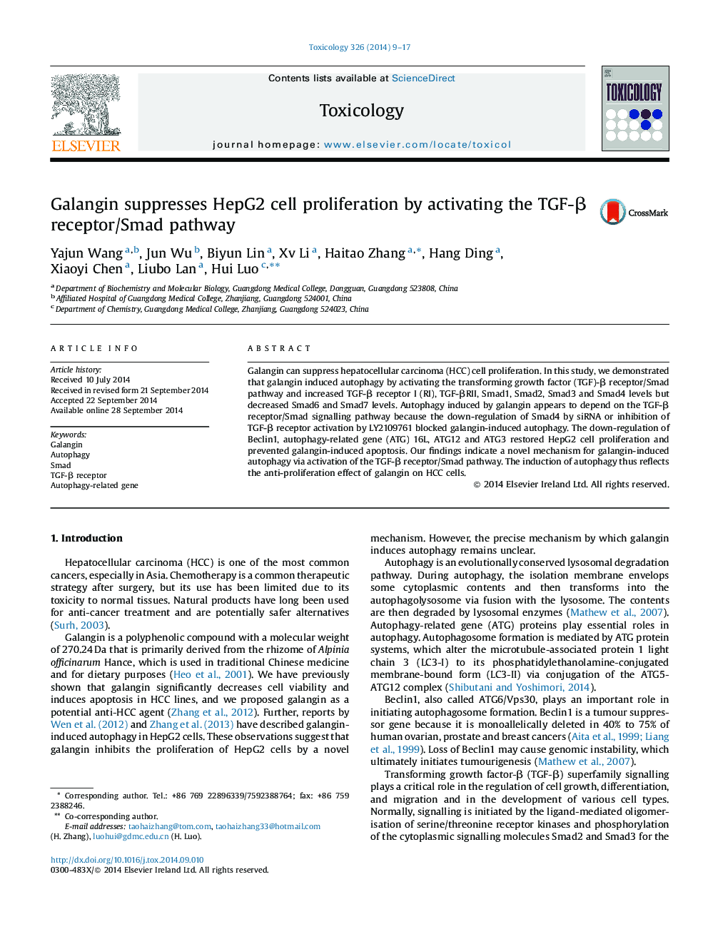 Galangin suppresses HepG2 cell proliferation by activating the TGF-β receptor/Smad pathway