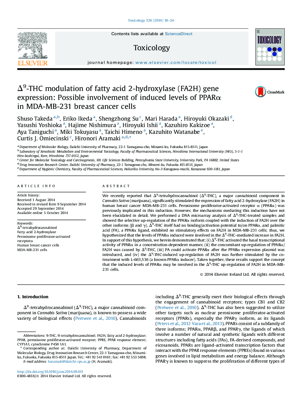 Δ9-THC modulation of fatty acid 2-hydroxylase (FA2H) gene expression: Possible involvement of induced levels of PPARα in MDA-MB-231 breast cancer cells