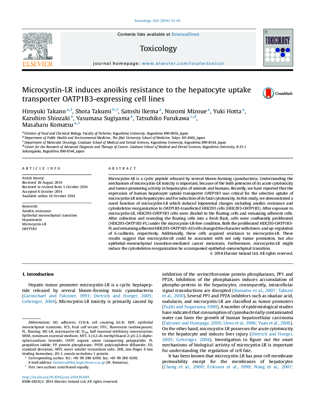 Microcystin-LR induces anoikis resistance to the hepatocyte uptake transporter OATP1B3-expressing cell lines