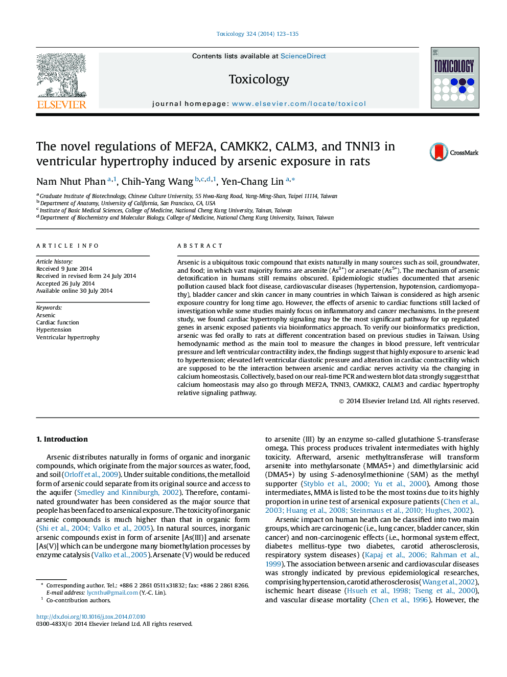 The novel regulations of MEF2A, CAMKK2, CALM3, and TNNI3 in ventricular hypertrophy induced by arsenic exposure in rats