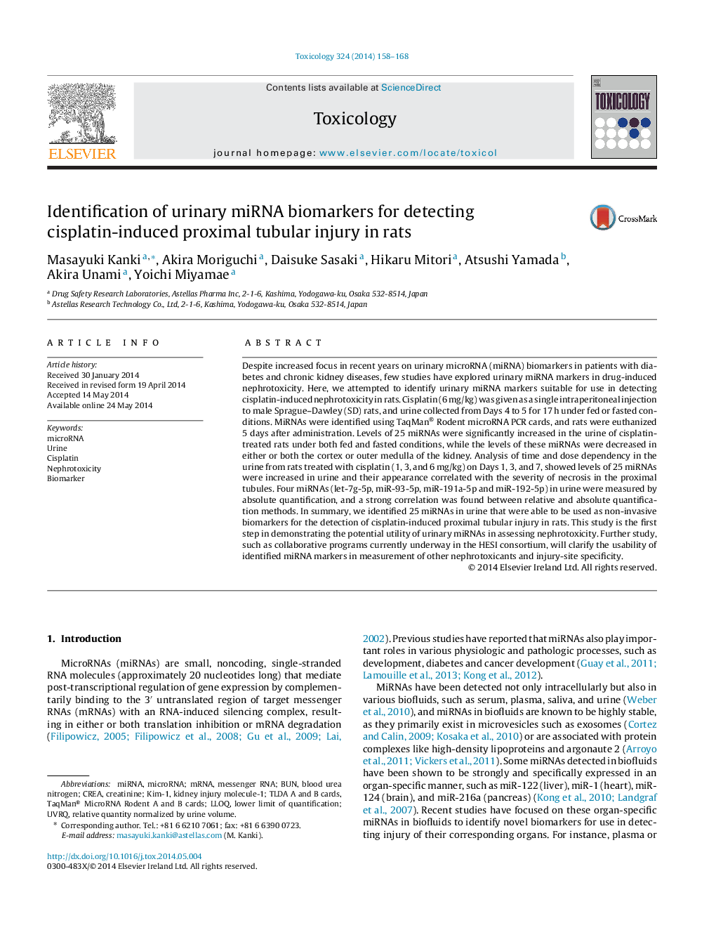 Identification of urinary miRNA biomarkers for detecting cisplatin-induced proximal tubular injury in rats