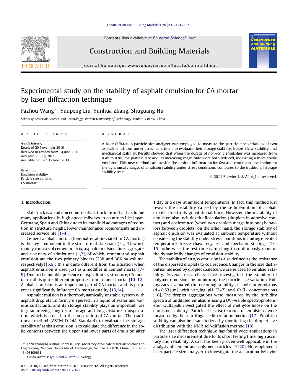 Experimental study on the stability of asphalt emulsion for CA mortar by laser diffraction technique