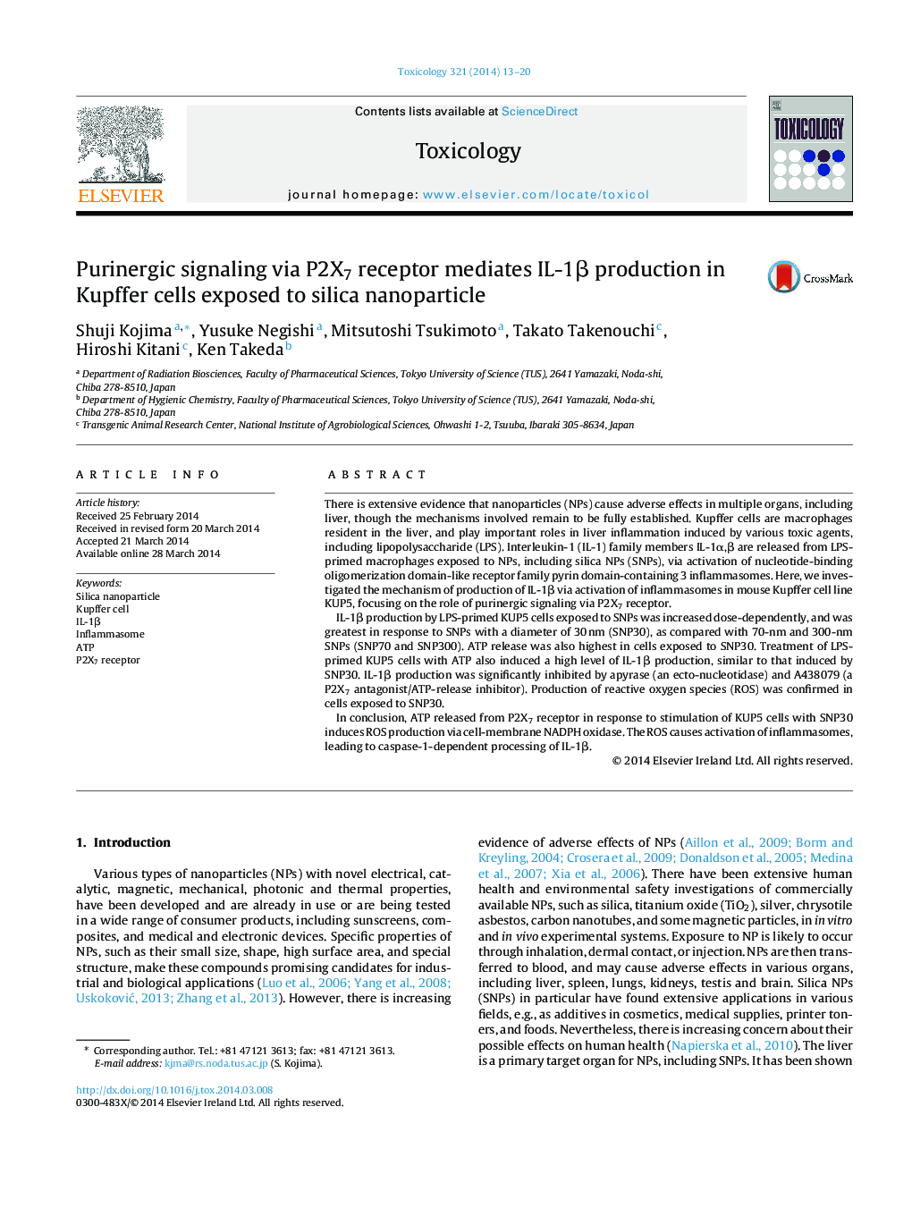 Purinergic signaling via P2X7 receptor mediates IL-1β production in Kupffer cells exposed to silica nanoparticle