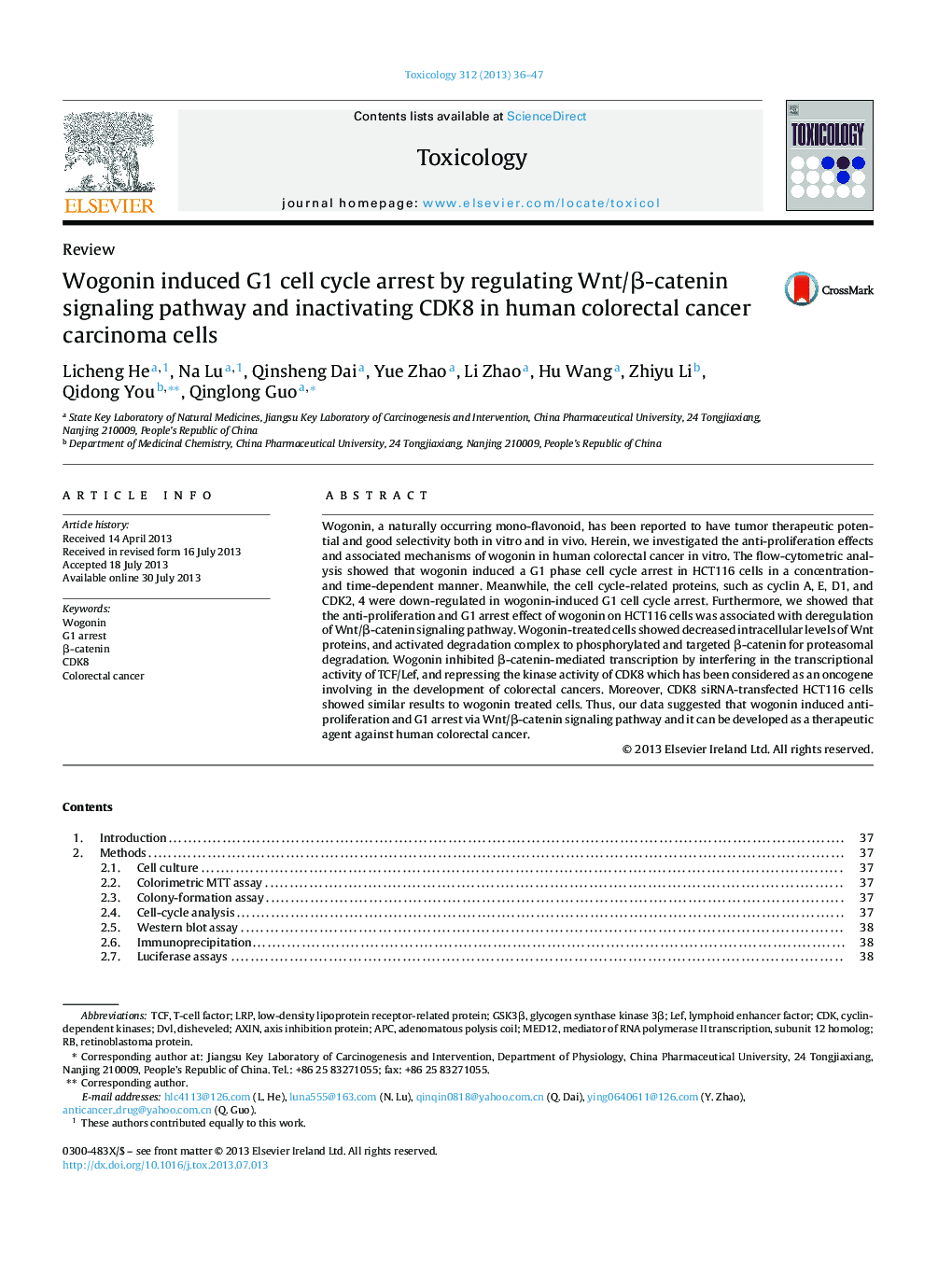 Wogonin induced G1 cell cycle arrest by regulating Wnt/β-catenin signaling pathway and inactivating CDK8 in human colorectal cancer carcinoma cells