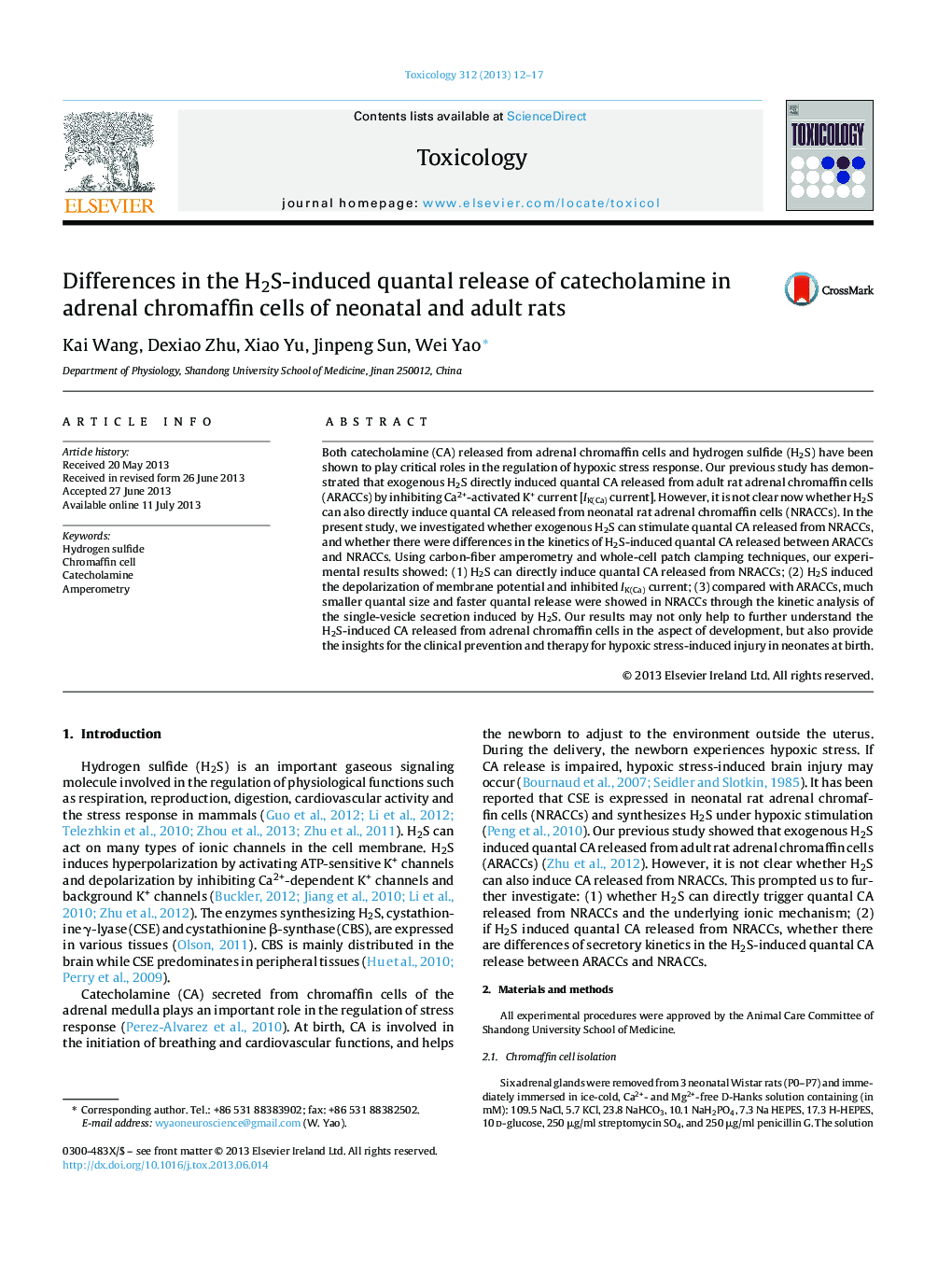 Differences in the H2S-induced quantal release of catecholamine in adrenal chromaffin cells of neonatal and adult rats