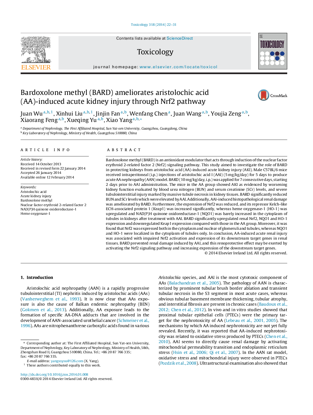 Bardoxolone methyl (BARD) ameliorates aristolochic acid (AA)-induced acute kidney injury through Nrf2 pathway