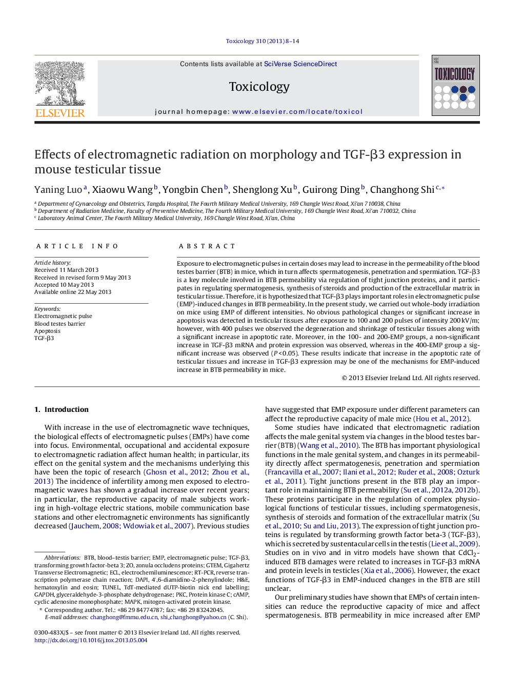 Effects of electromagnetic radiation on morphology and TGF-β3 expression in mouse testicular tissue