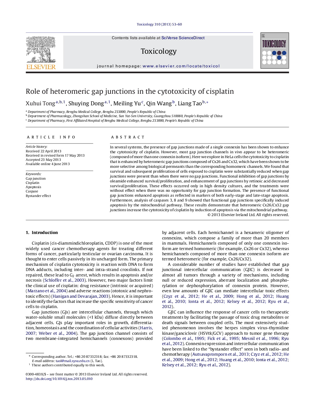 Role of heteromeric gap junctions in the cytotoxicity of cisplatin