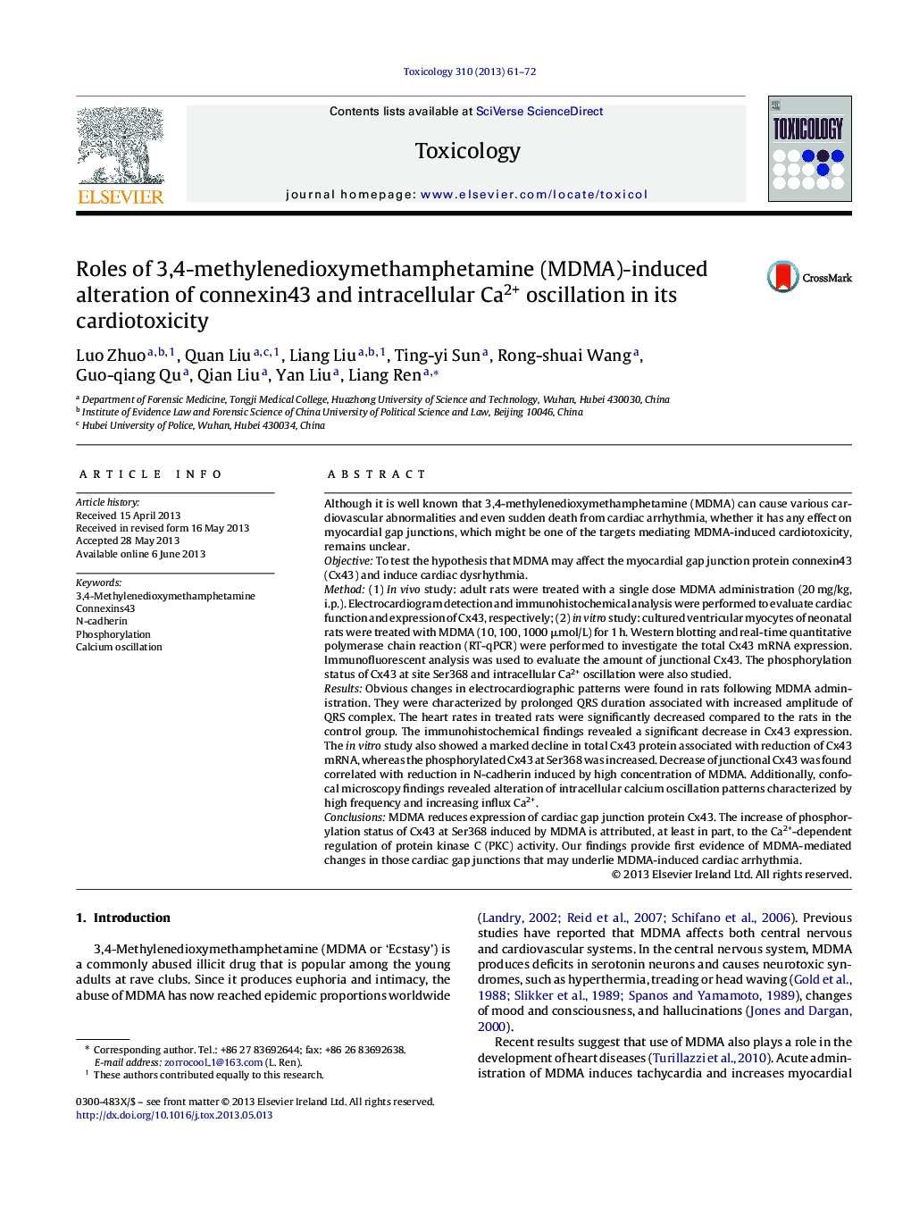 Roles of 3,4-methylenedioxymethamphetamine (MDMA)-induced alteration of connexin43 and intracellular Ca2+ oscillation in its cardiotoxicity