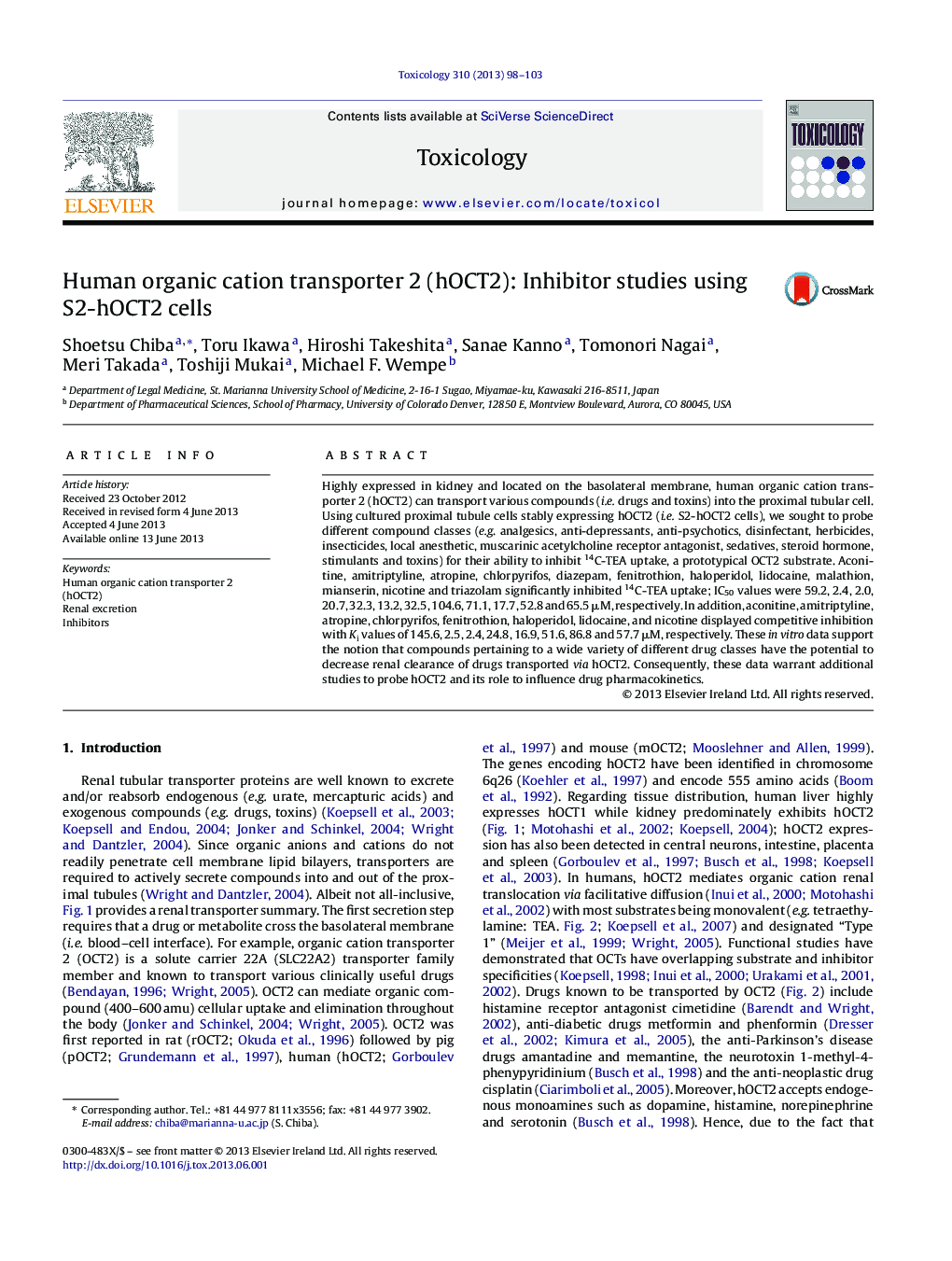 Human organic cation transporter 2 (hOCT2): Inhibitor studies using S2-hOCT2 cells