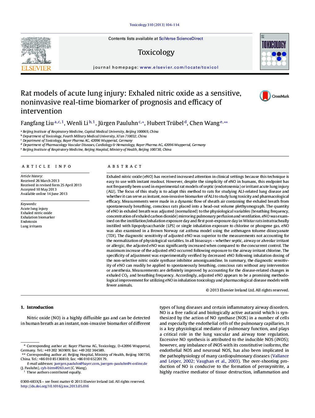 Rat models of acute lung injury: Exhaled nitric oxide as a sensitive, noninvasive real-time biomarker of prognosis and efficacy of intervention