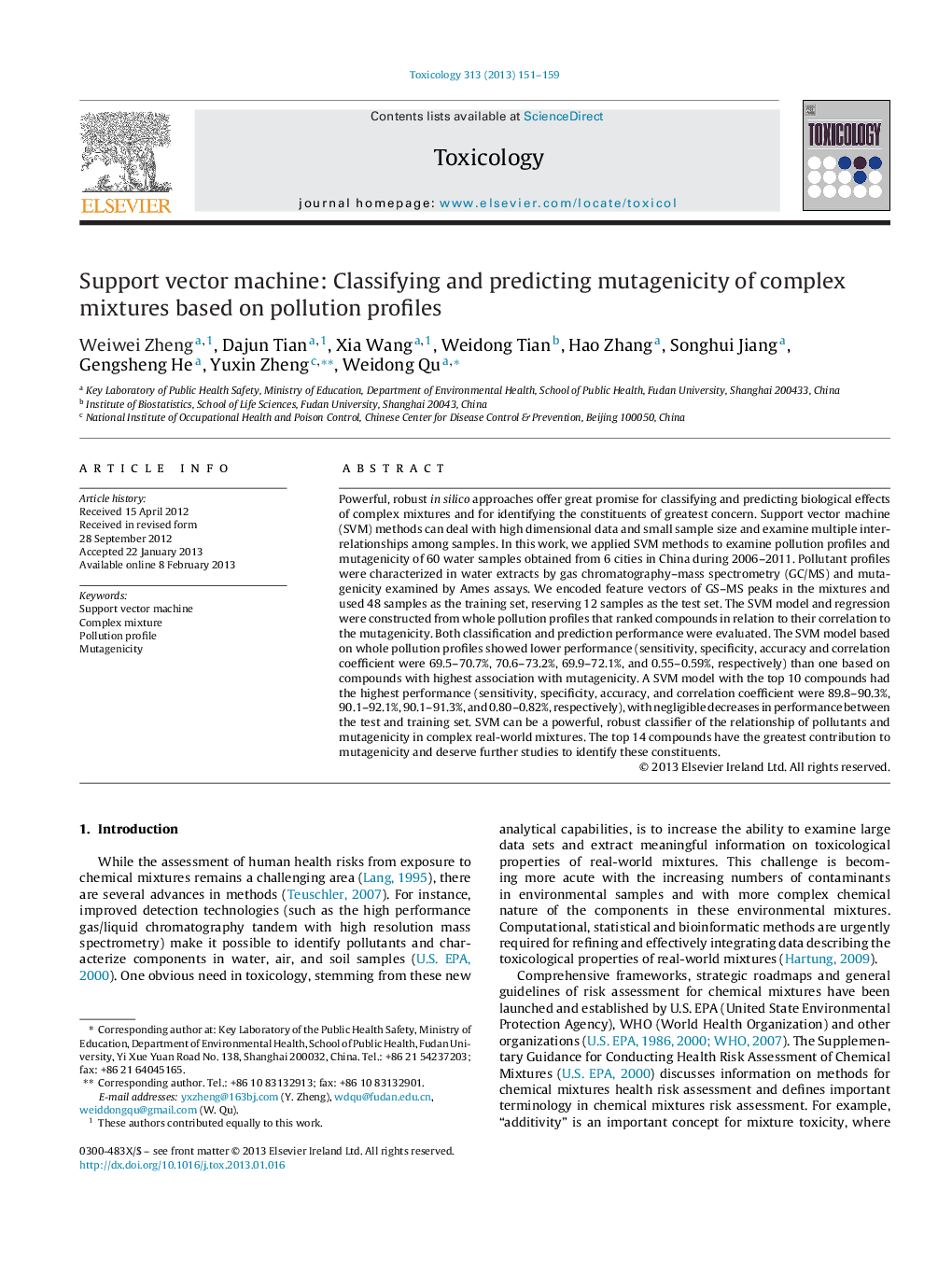 Support vector machine: Classifying and predicting mutagenicity of complex mixtures based on pollution profiles