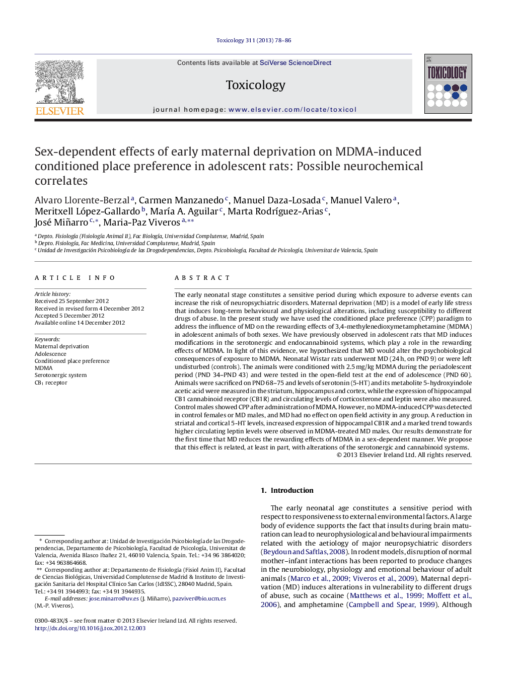 Sex-dependent effects of early maternal deprivation on MDMA-induced conditioned place preference in adolescent rats: Possible neurochemical correlates