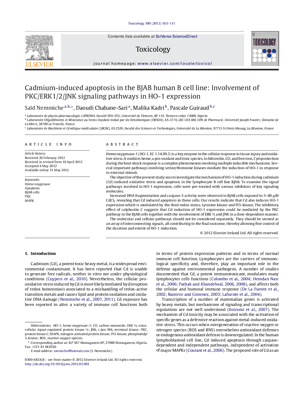 عکس صفحه اول مقاله: Cadmium-induced apoptosis in the BJAB human B cell line: Involvement of PKC/ERK1/2/JNK signaling pathways in HO-1 expression Cadmium-induced apoptosis in the BJAB human B cell line: Involvement of PKC/ERK1/2/JNK signaling pathways in HO-1 expression