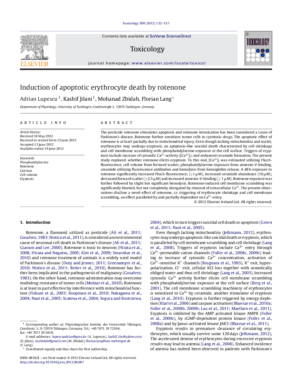 Induction of apoptotic erythrocyte death by rotenone