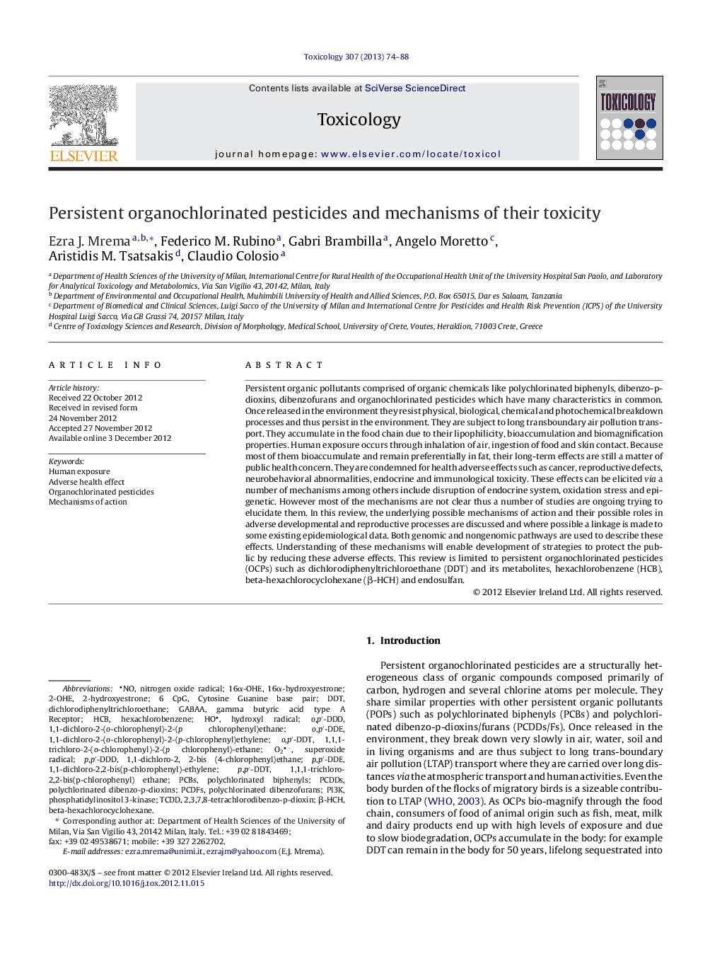 Persistent organochlorinated pesticides and mechanisms of their toxicity