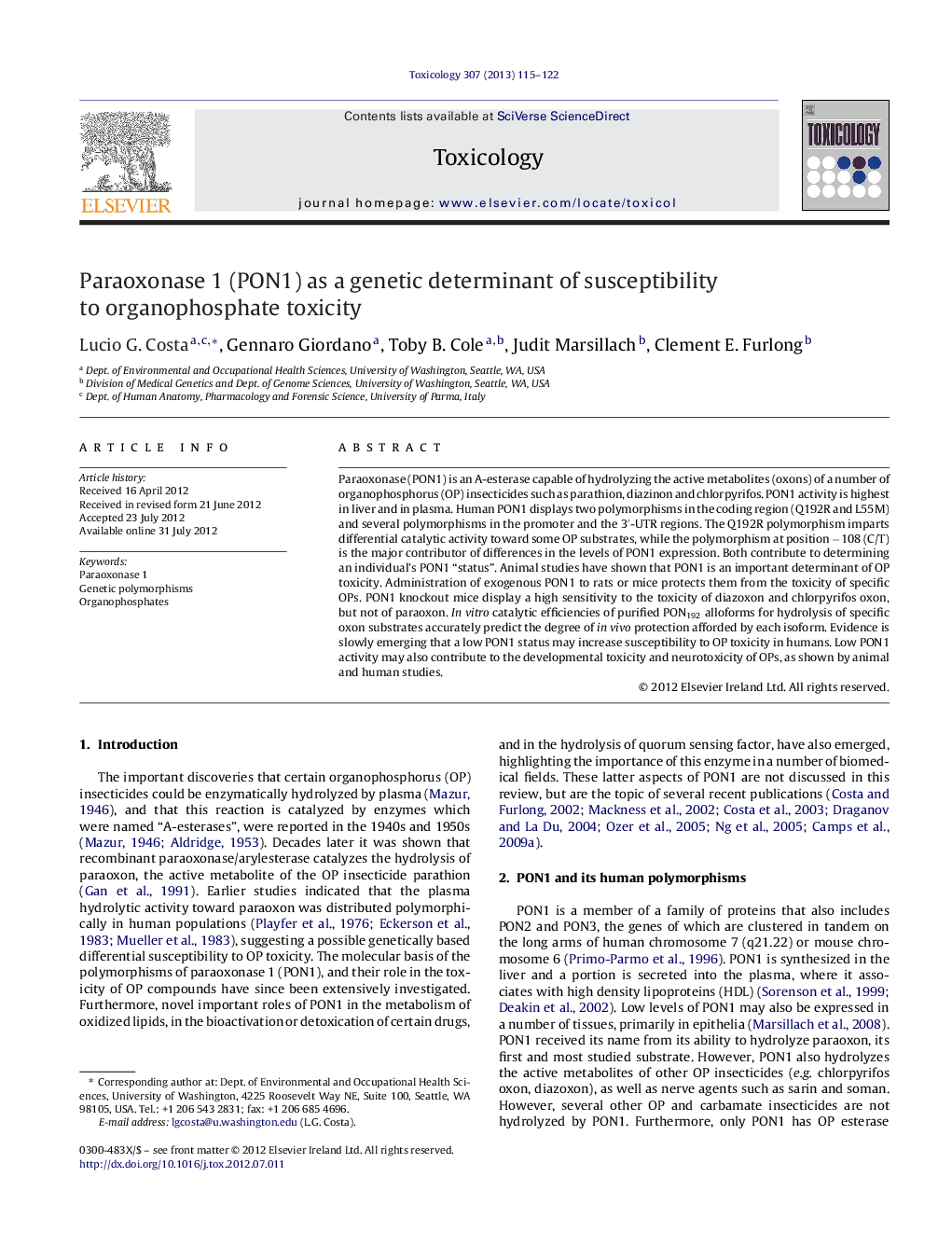 Paraoxonase 1 (PON1) as a genetic determinant of susceptibility to organophosphate toxicity