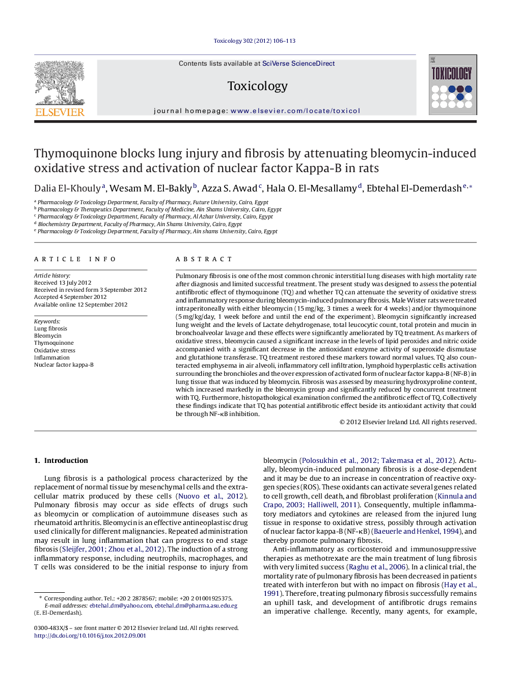 Thymoquinone blocks lung injury and fibrosis by attenuating bleomycin-induced oxidative stress and activation of nuclear factor Kappa-B in rats