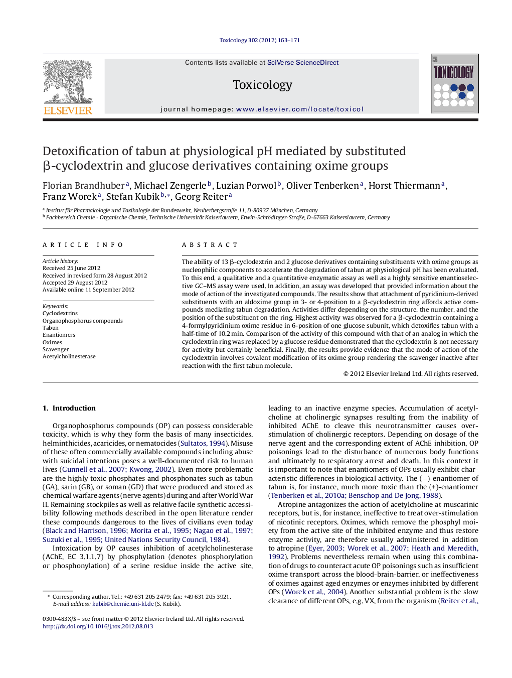 Detoxification of tabun at physiological pH mediated by substituted β-cyclodextrin and glucose derivatives containing oxime groups