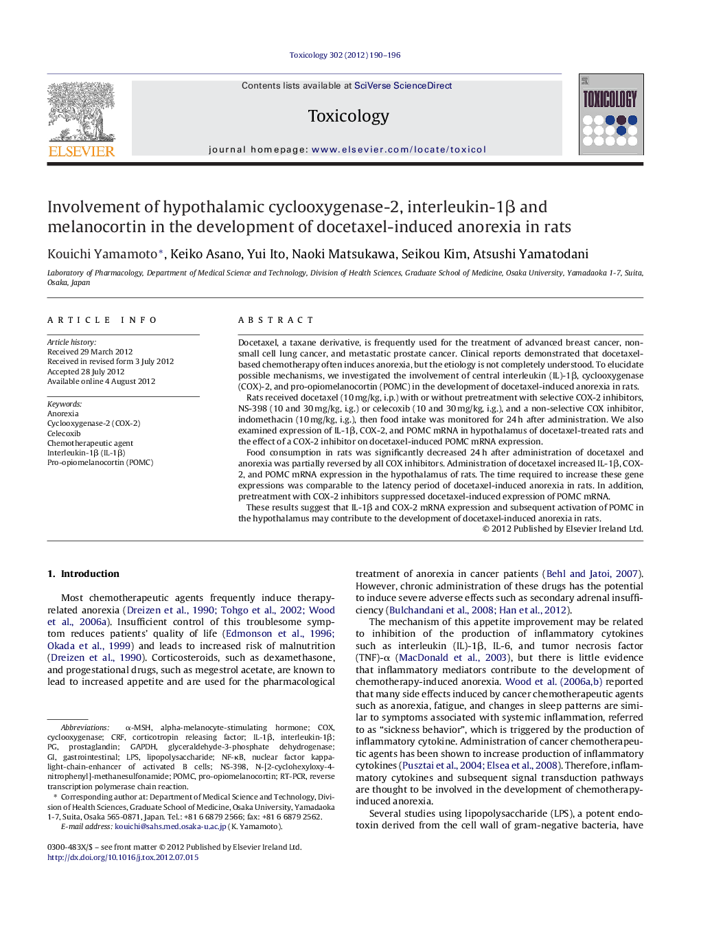 Involvement of hypothalamic cyclooxygenase-2, interleukin-1β and melanocortin in the development of docetaxel-induced anorexia in rats