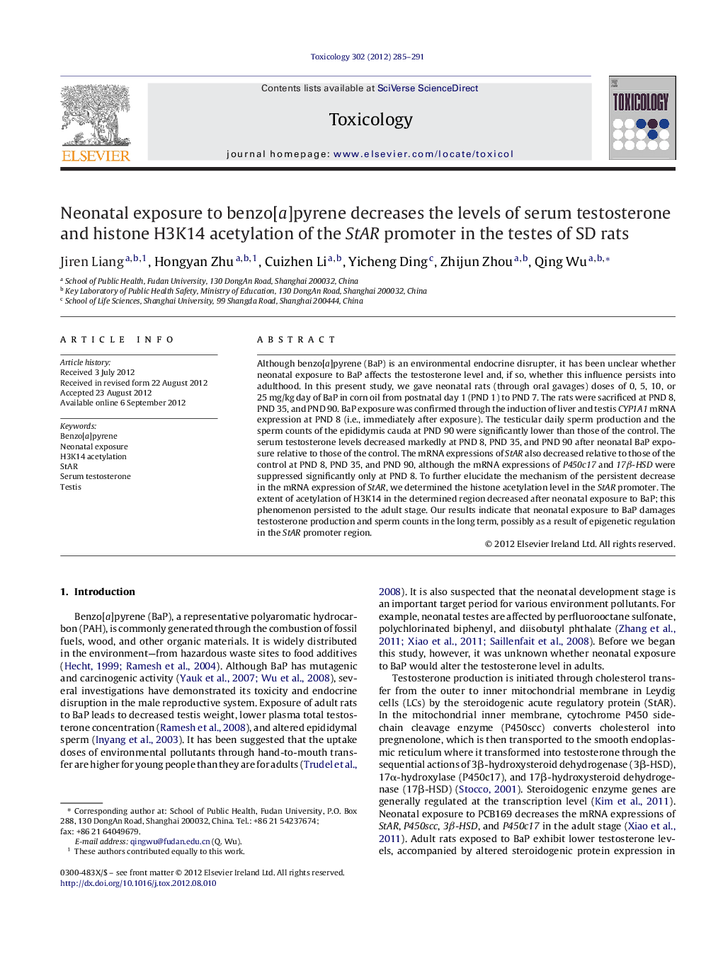 Neonatal exposure to benzo[a]pyrene decreases the levels of serum testosterone and histone H3K14 acetylation of the StAR promoter in the testes of SD rats