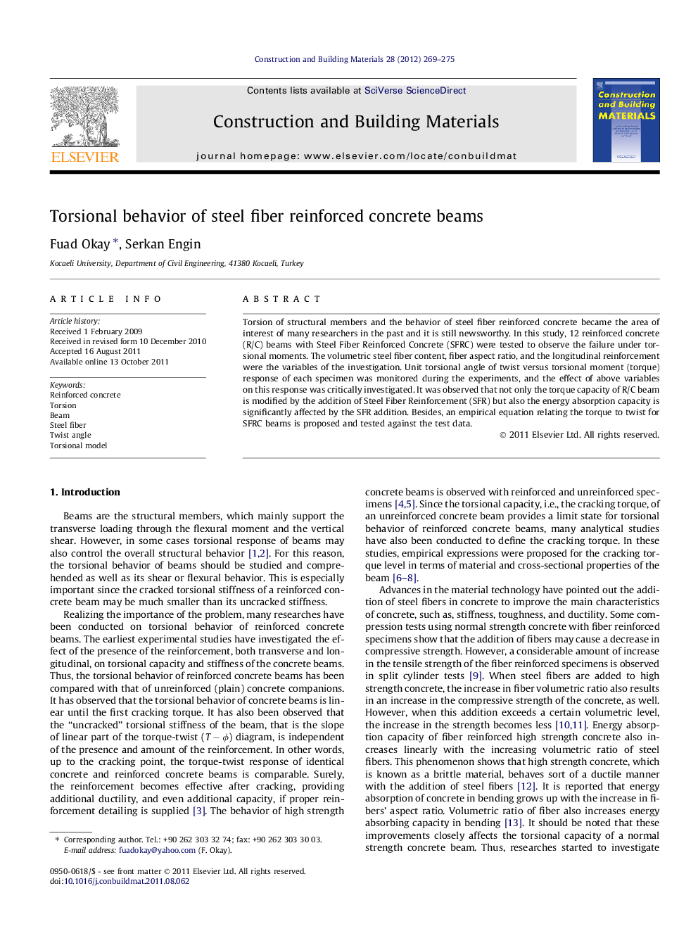 Torsional behavior of steel fiber reinforced concrete beams