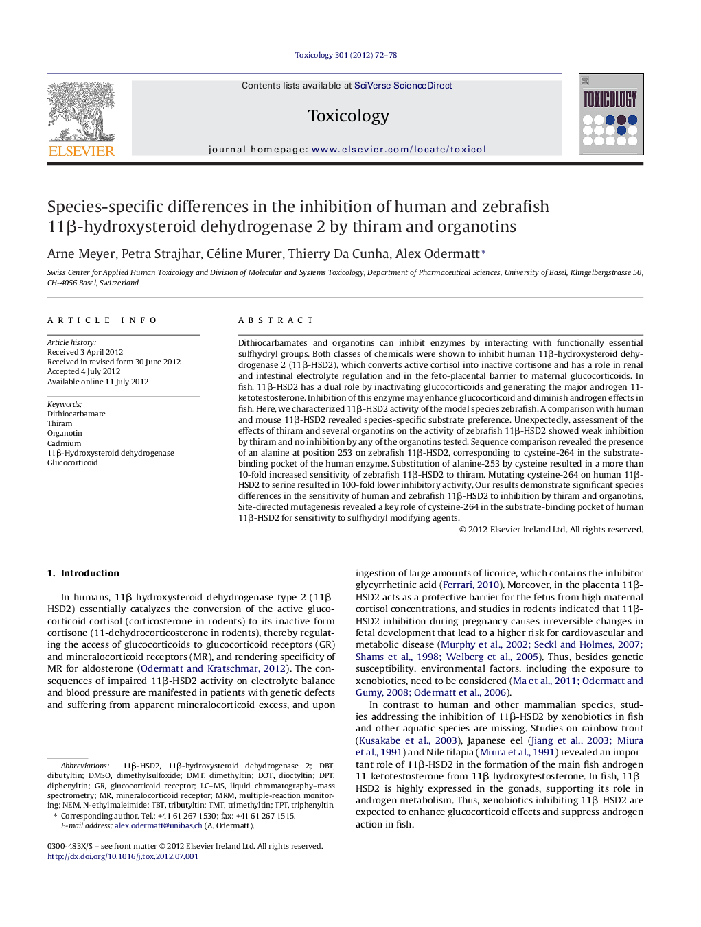 Species-specific differences in the inhibition of human and zebrafish 11β-hydroxysteroid dehydrogenase 2 by thiram and organotins