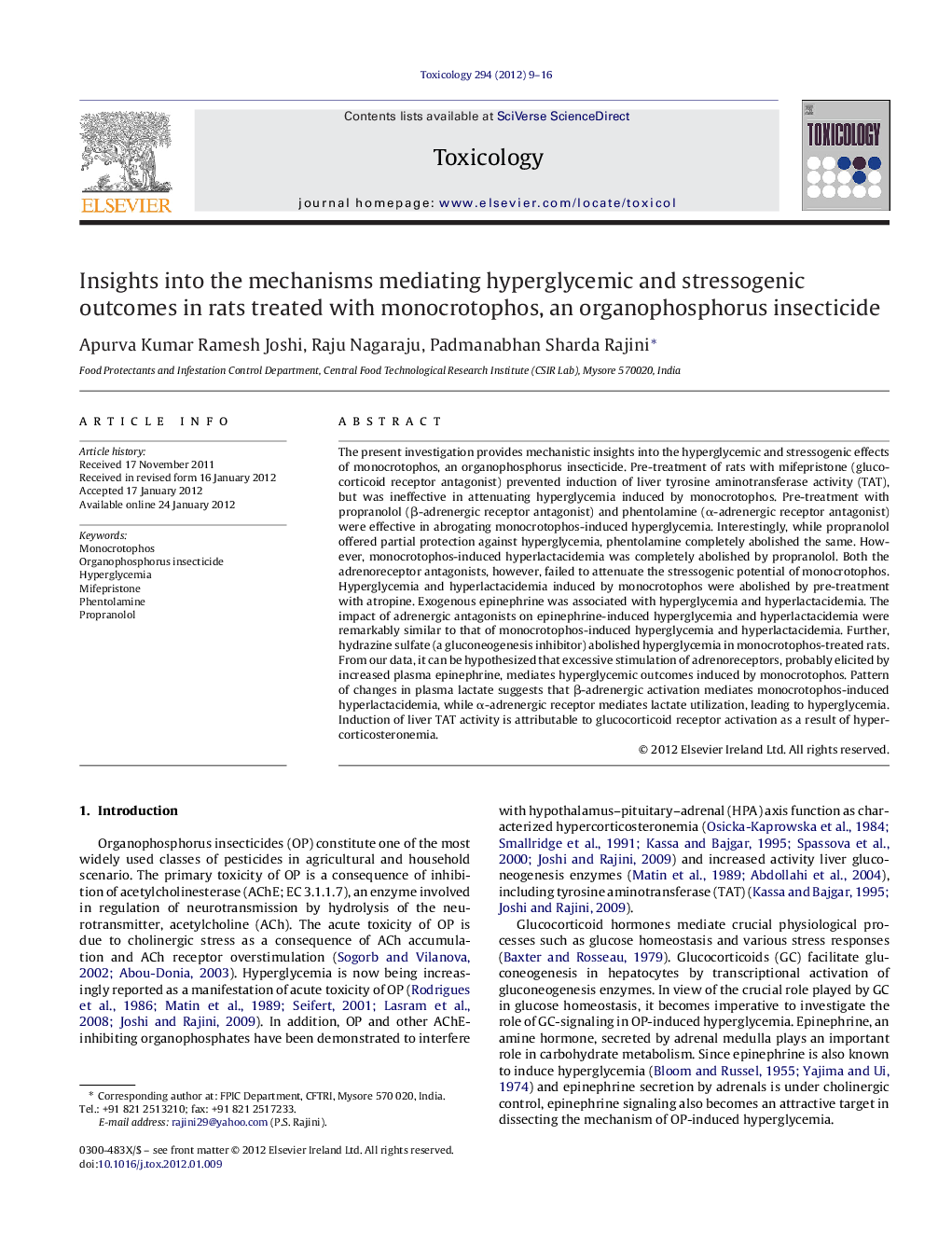 Insights into the mechanisms mediating hyperglycemic and stressogenic outcomes in rats treated with monocrotophos, an organophosphorus insecticide