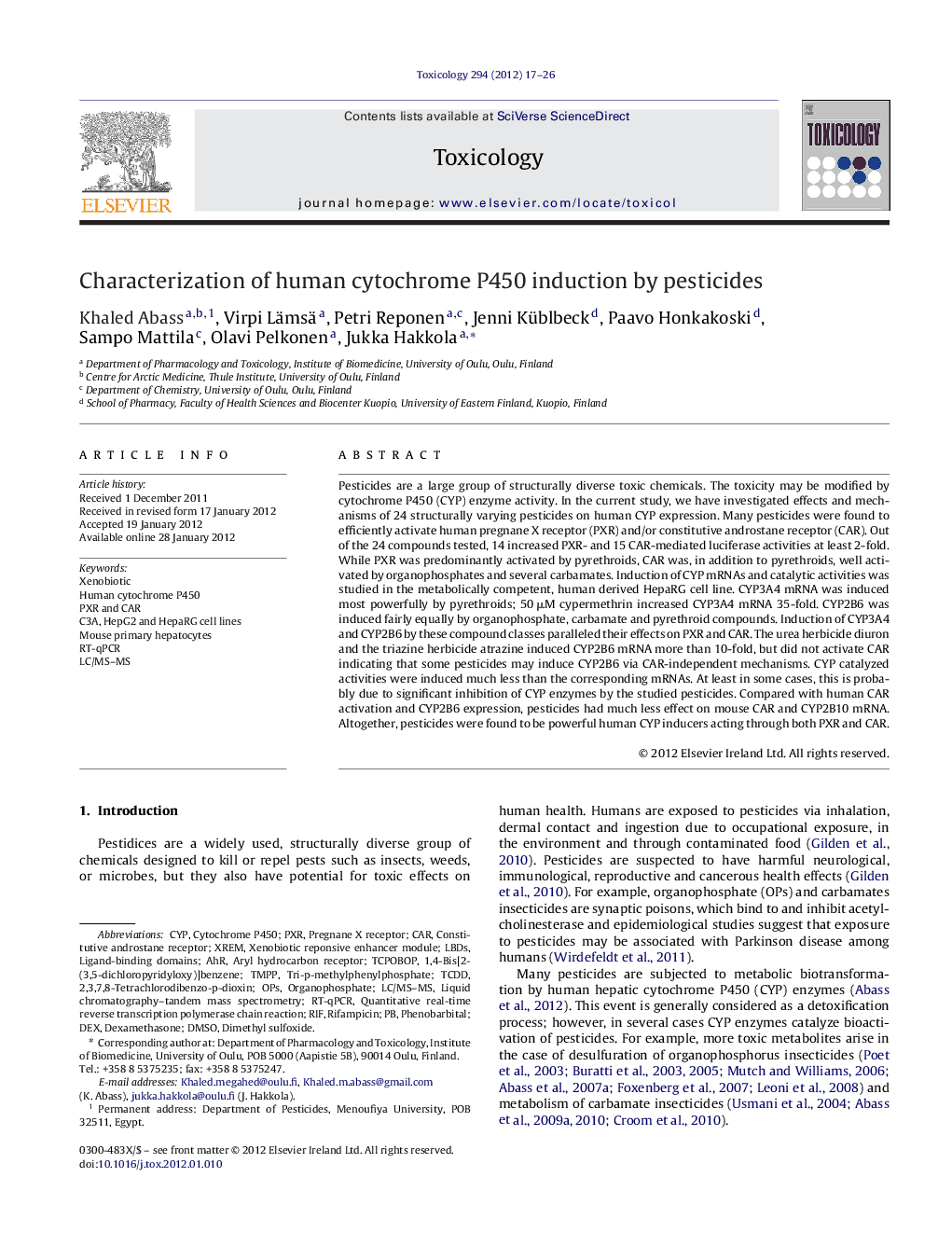 Characterization of human cytochrome P450 induction by pesticides