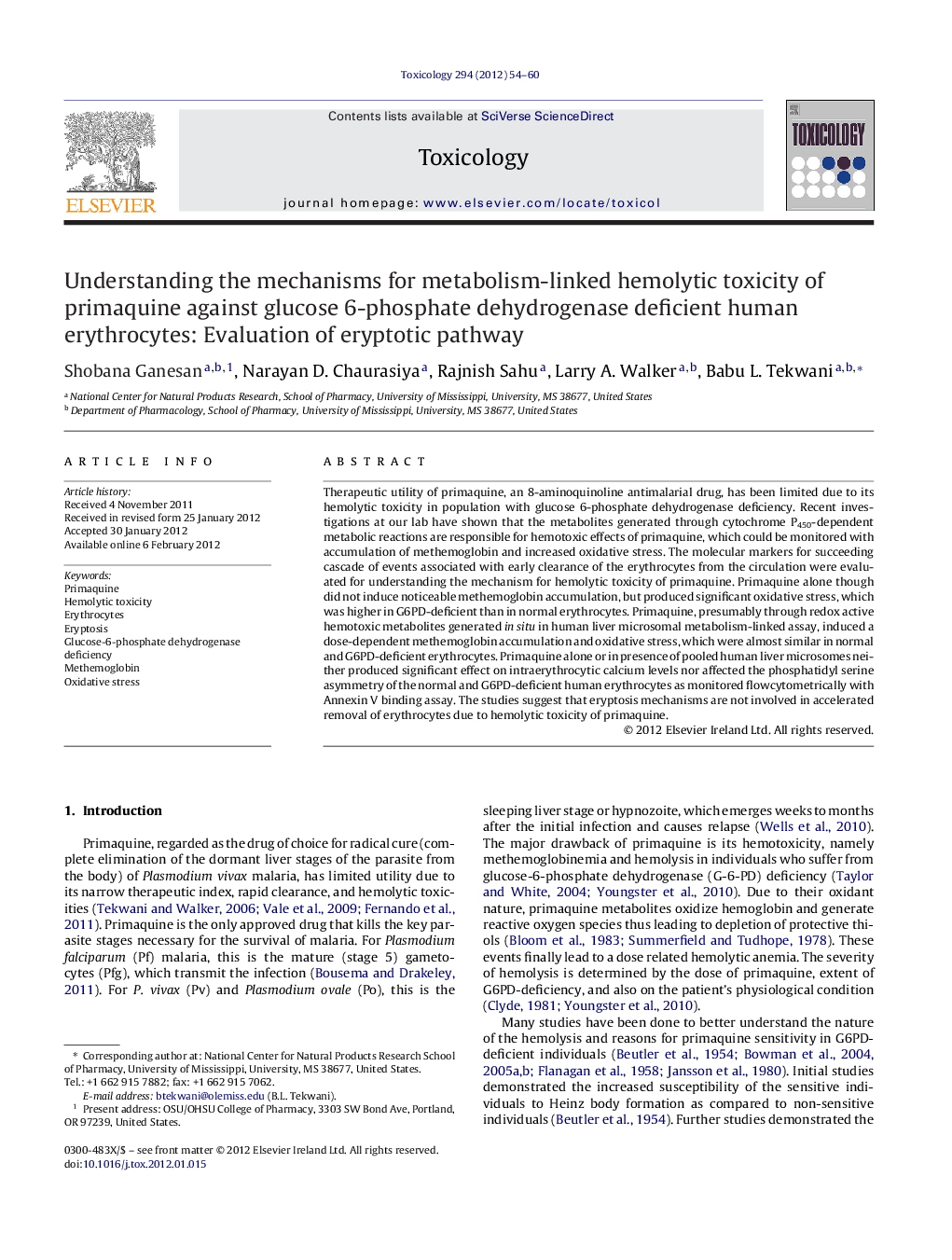 Understanding the mechanisms for metabolism-linked hemolytic toxicity of primaquine against glucose 6-phosphate dehydrogenase deficient human erythrocytes: Evaluation of eryptotic pathway