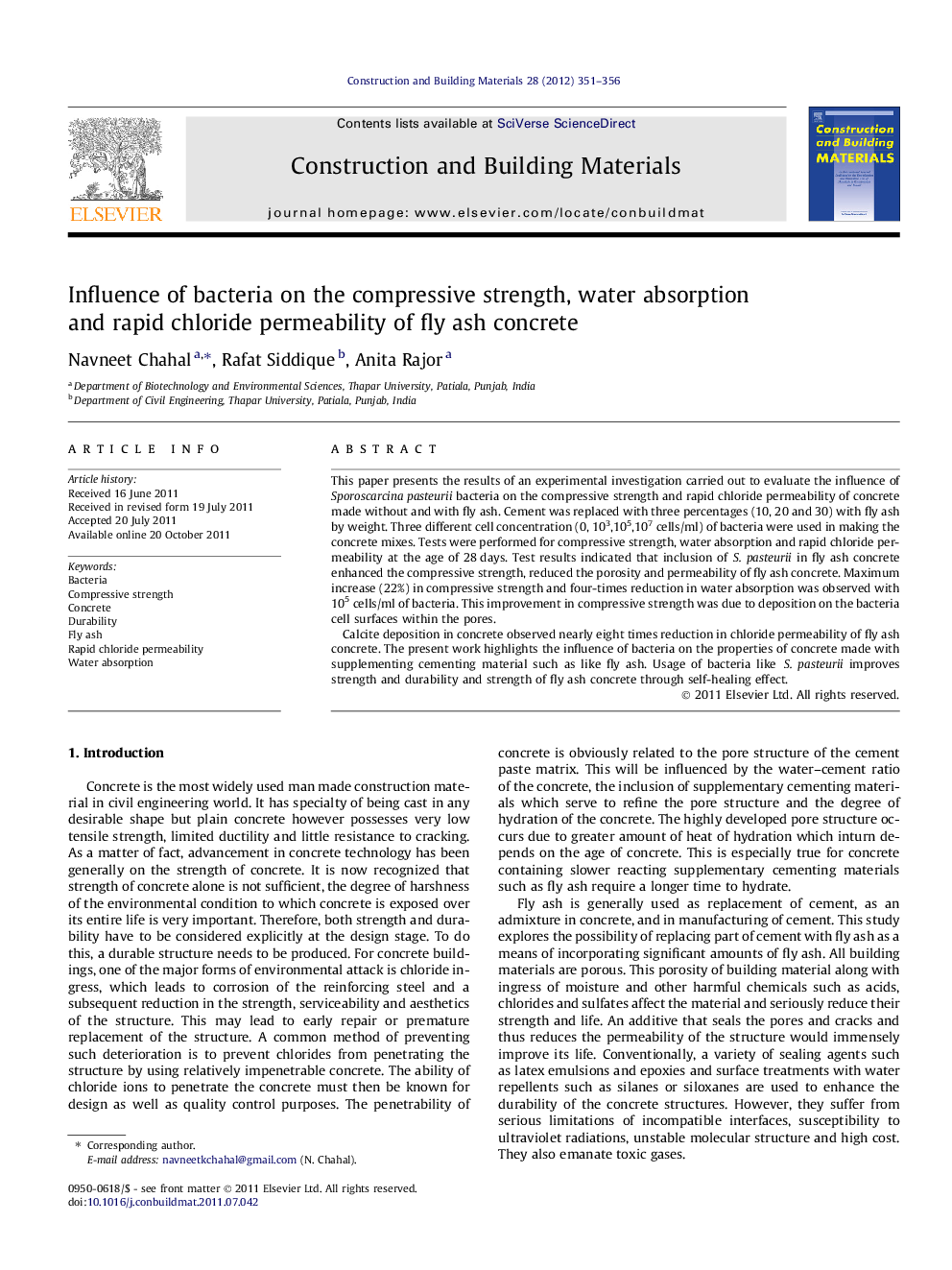 Influence of bacteria on the compressive strength, water absorption and rapid chloride permeability of fly ash concrete