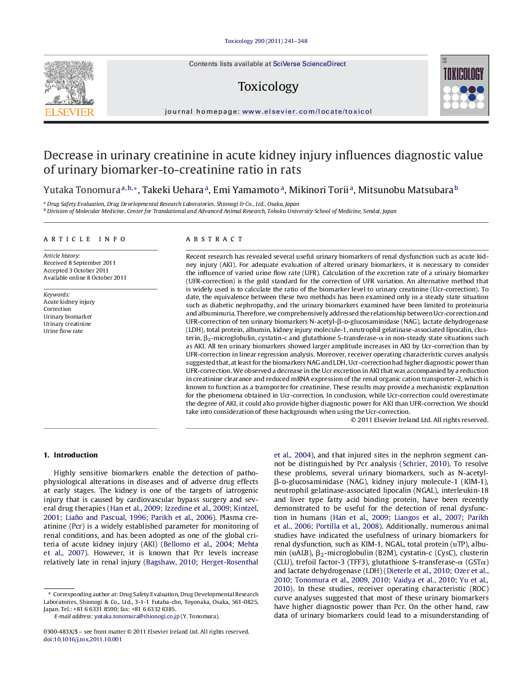 Decrease in urinary creatinine in acute kidney injury influences diagnostic value of urinary biomarker-to-creatinine ratio in rats