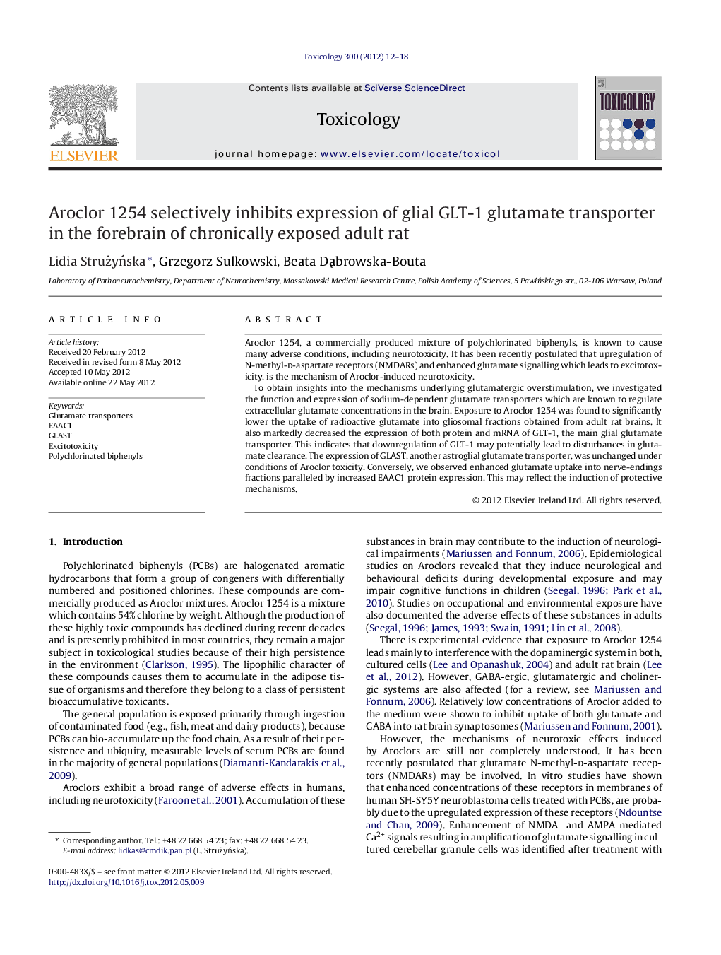 عکس صفحه اول مقاله: Aroclor 1254 selectively inhibits expression of glial GLT-1 glutamate transporter in the forebrain of chronically exposed adult rat Aroclor 1254 selectively inhibits expression of glial GLT-1 glutamate transporter in the forebrain of chronically exposed adult rat