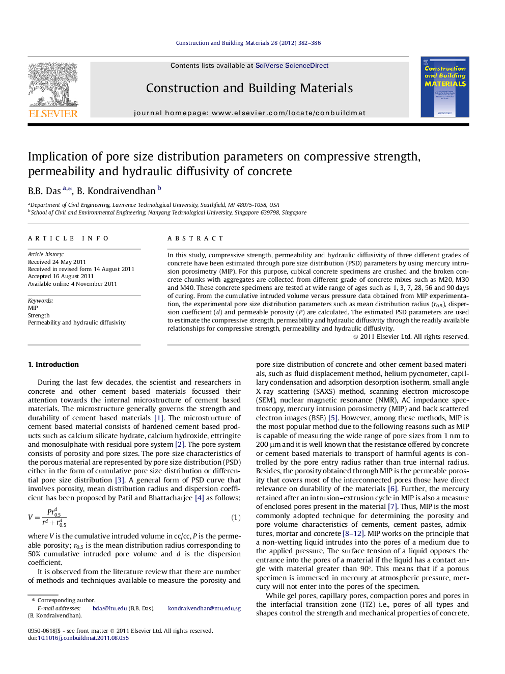 Implication of pore size distribution parameters on compressive strength, permeability and hydraulic diffusivity of concrete