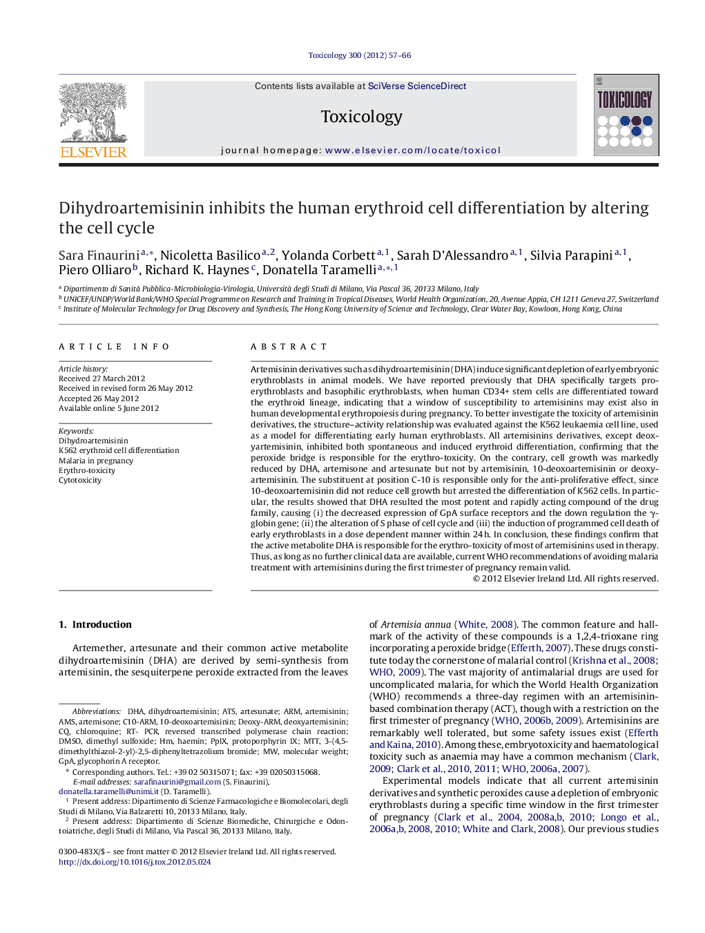 Dihydroartemisinin inhibits the human erythroid cell differentiation by altering the cell cycle