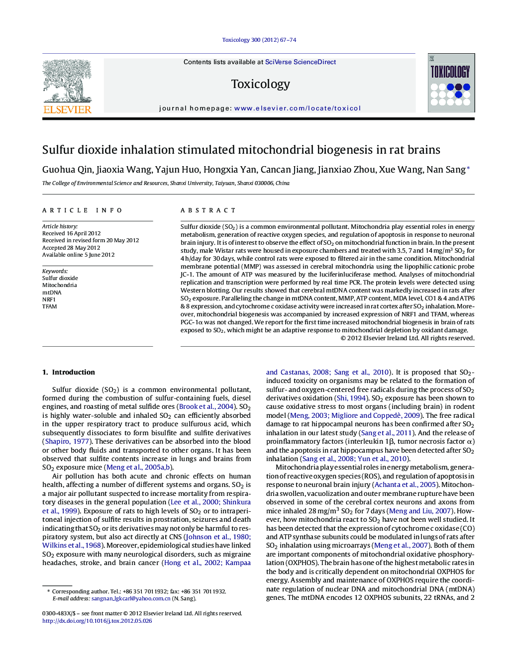 Sulfur dioxide inhalation stimulated mitochondrial biogenesis in rat brains