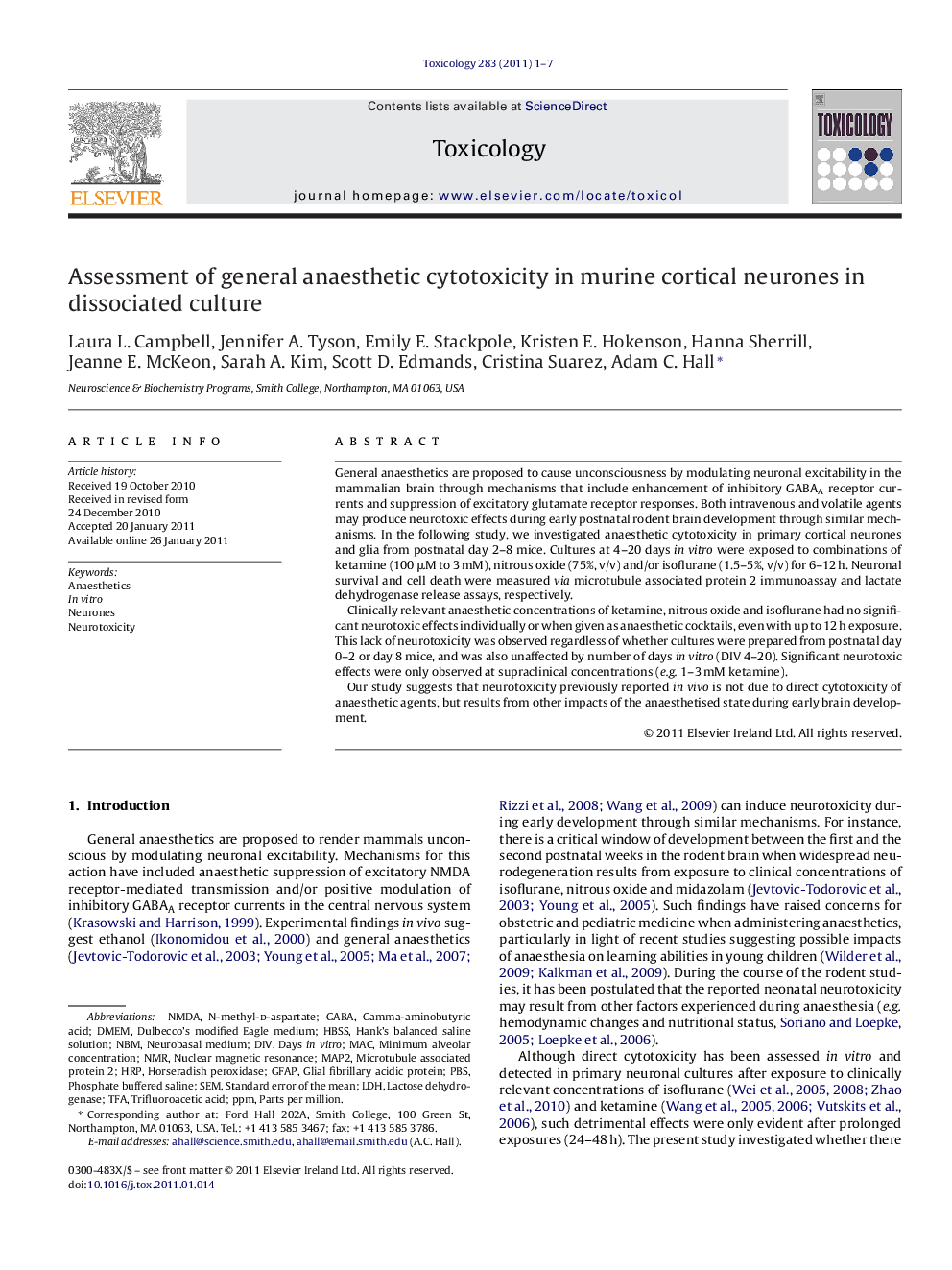 Assessment of general anaesthetic cytotoxicity in murine cortical neurones in dissociated culture