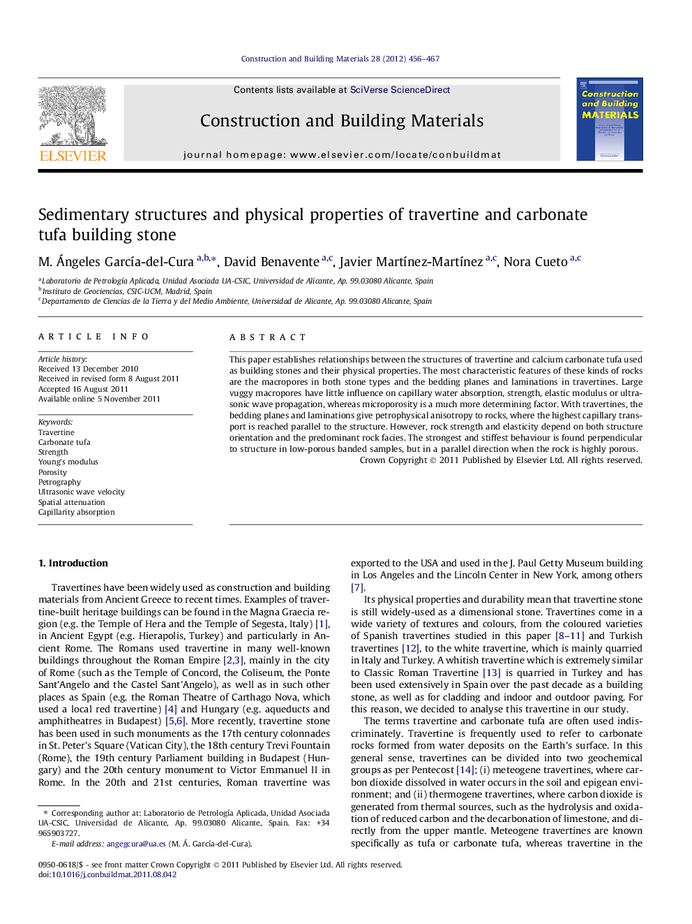 Sedimentary structures and physical properties of travertine and carbonate tufa building stone