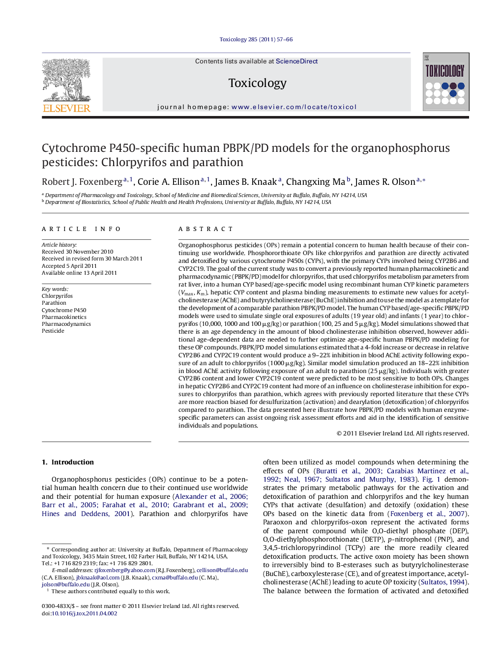 Cytochrome P450-specific human PBPK/PD models for the organophosphorus pesticides: Chlorpyrifos and parathion