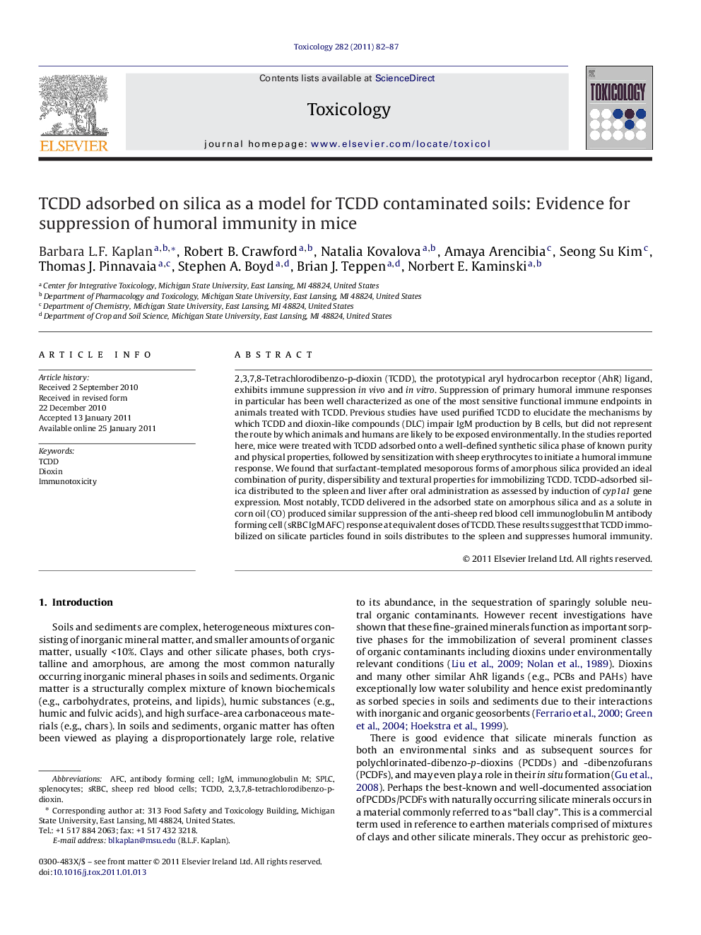 TCDD adsorbed on silica as a model for TCDD contaminated soils: Evidence for suppression of humoral immunity in mice