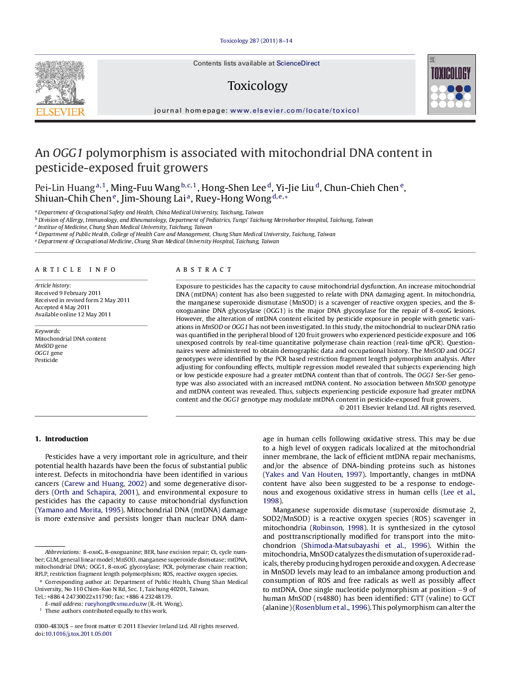 An OGG1 polymorphism is associated with mitochondrial DNA content in pesticide-exposed fruit growers