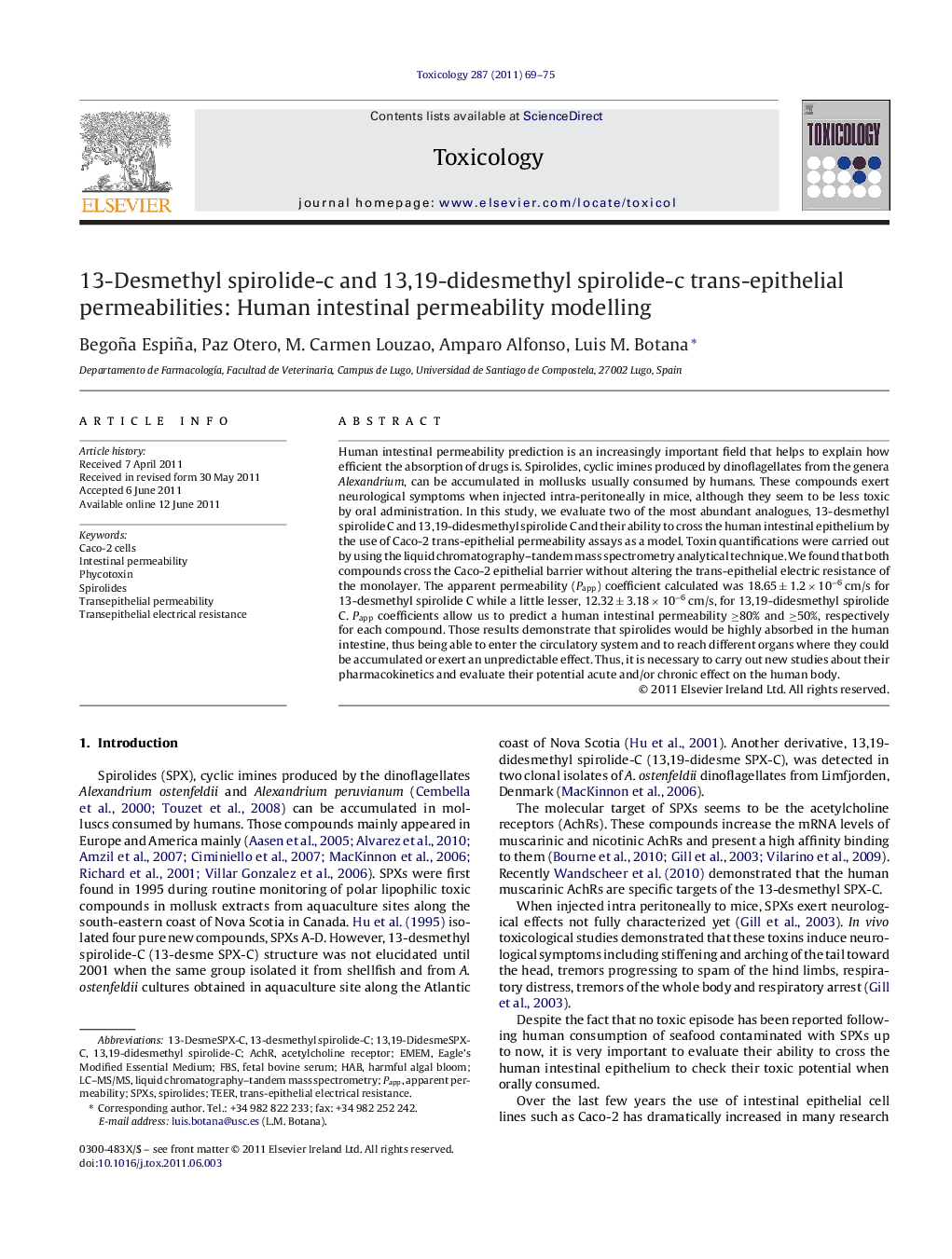 13-Desmethyl spirolide-c and 13,19-didesmethyl spirolide-c trans-epithelial permeabilities: Human intestinal permeability modelling