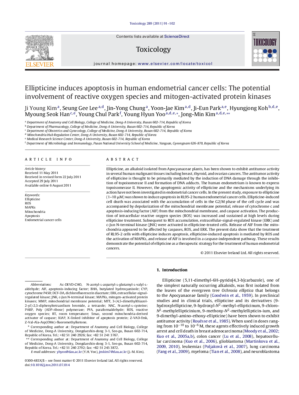 Ellipticine induces apoptosis in human endometrial cancer cells: The potential involvement of reactive oxygen species and mitogen-activated protein kinases