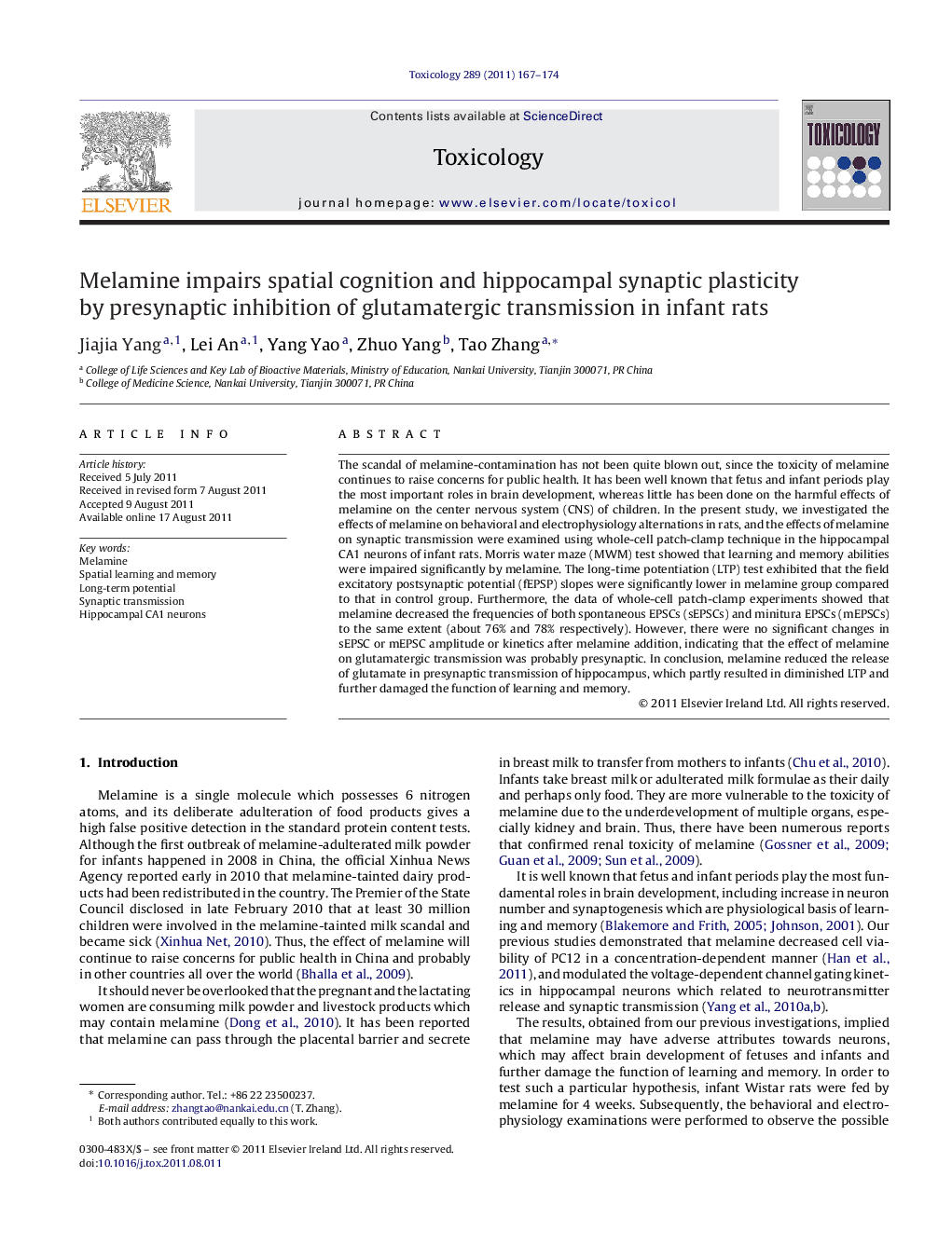 Melamine impairs spatial cognition and hippocampal synaptic plasticity by presynaptic inhibition of glutamatergic transmission in infant rats