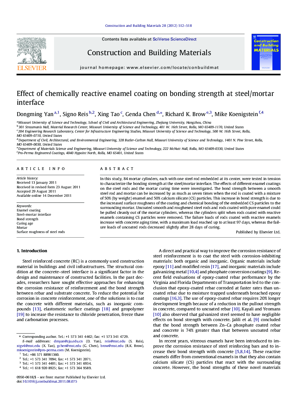 Effect of chemically reactive enamel coating on bonding strength at steel/mortar interface