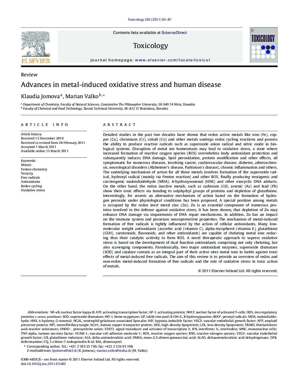 Advances in metal-induced oxidative stress and human disease