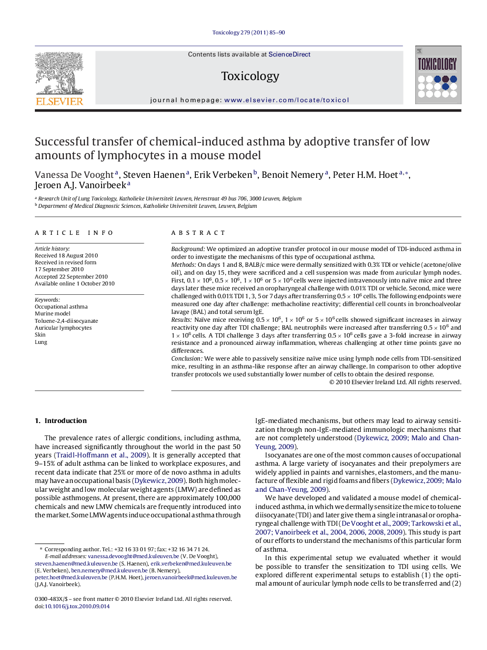 Successful transfer of chemical-induced asthma by adoptive transfer of low amounts of lymphocytes in a mouse model