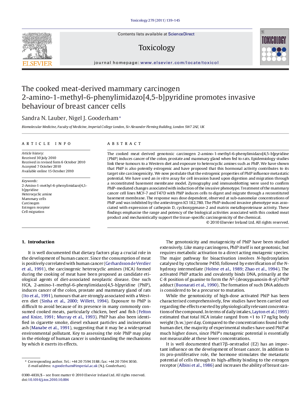 The cooked meat-derived mammary carcinogen 2-amino-1-methyl-6-phenylimidazo[4,5-b]pyridine promotes invasive behaviour of breast cancer cells