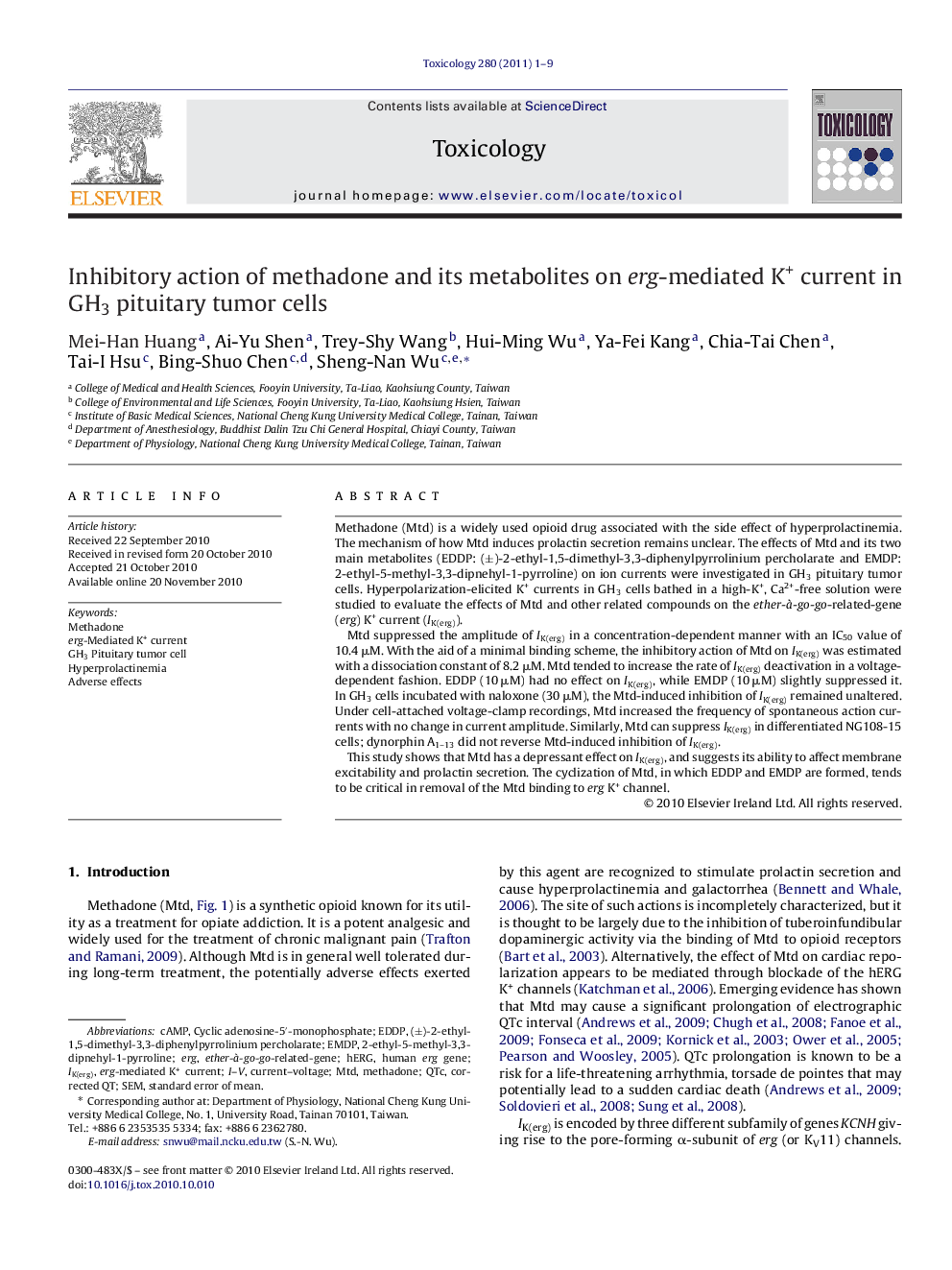Inhibitory action of methadone and its metabolites on erg-mediated K+ current in GH3 pituitary tumor cells